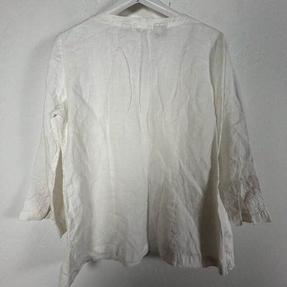 Edward Womens Irish Linen Split Neck Embroidered Top Blouse XL White Long Sleeve - Picture 2 of 7
